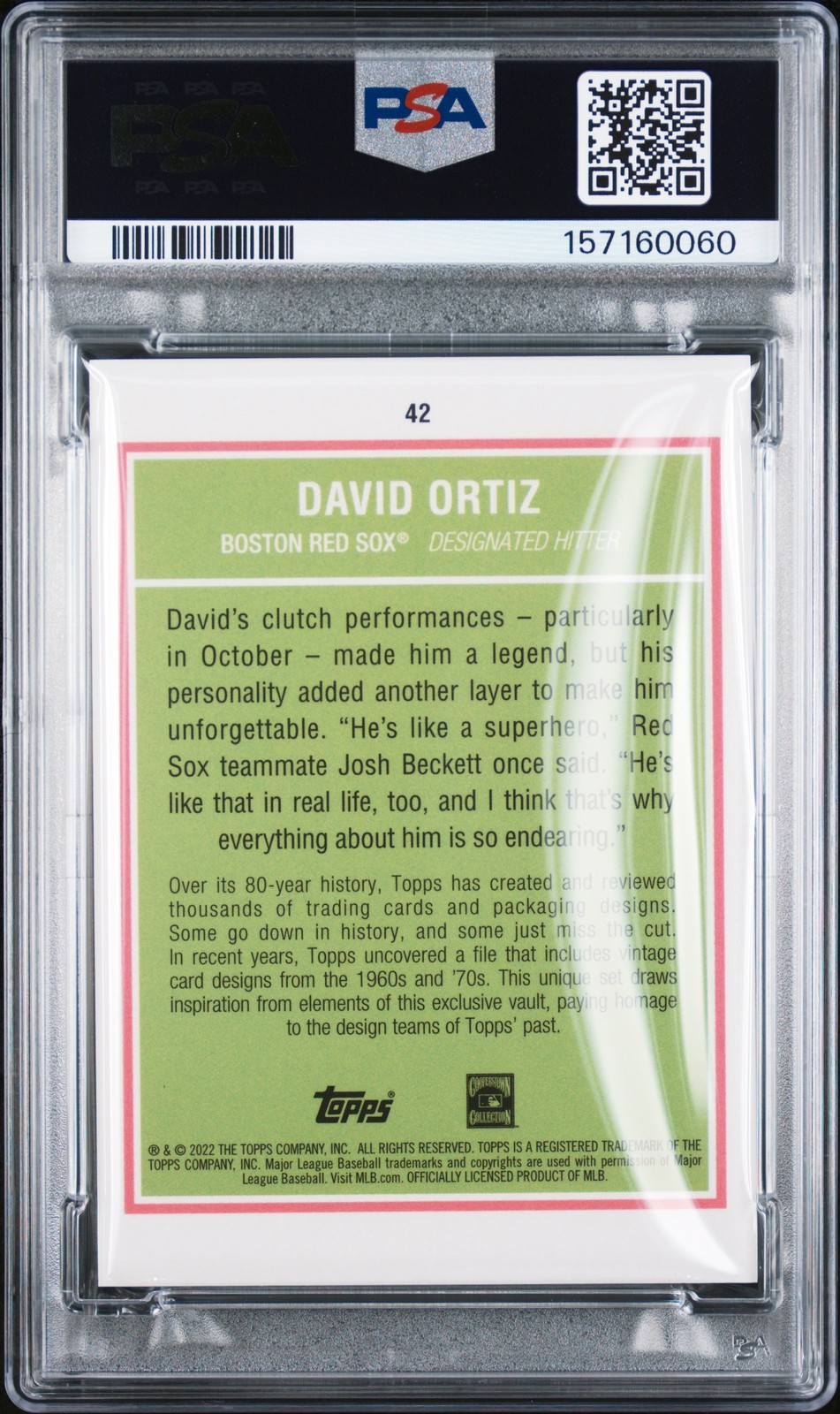 2022 TOPPS BROOKLYN COLLECTION CHARTREUSE #42 DAVID ORTIZ 27/99 PSA 8 view 2