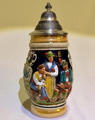 Vintage German Beer Mug Handarbeit Print Ceramic Porcelain w/Tin Lid