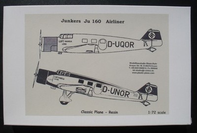 Classic Plane Resin Junkers Ju 160 Airliner Lufthansa Löwe Luchs 1:72 Bausatz