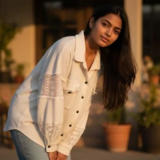 POL Lace Detail Button Up Bohemian Oversize Relax Fit Top 100% Cotton Women Sz M