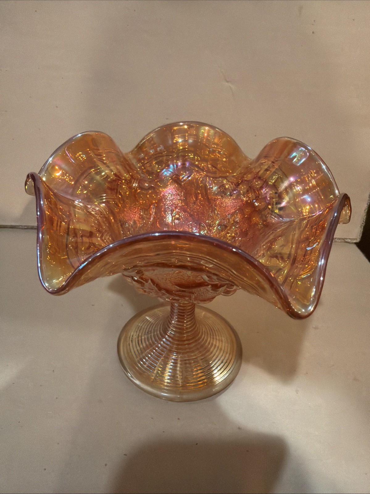 Vintage Imperial Carnival Glass Ruffled Pedestal Candy Dish Marigold Grapes