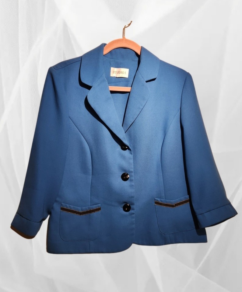 #2302 Studio 1 Blazer/Jacket Rich blue w Black pocket trim Sz 14 3/4 sleeve
