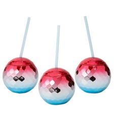 Patriotic Disco Ball-Shaped Plastic Cups with Lids  Straws - 20 oz, 6 Pcs