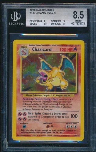 BGS 8.5 CHARIZARD 1999 Pokemon Base Unlimited #4/102 Holo Non-Shadowless NM-MT+