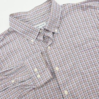 Peter Millar Shirt Mens 2XL Purple Blue Check Plaid Button Down Stretch Golf