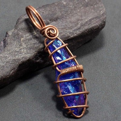 Copper Wire-Wrapped Purple Titanium Aura Quartz Jewellery Pendant Size 2.5'' JW