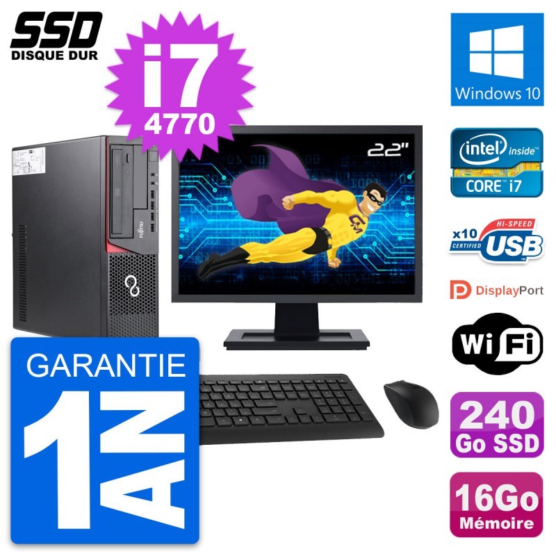 PC Fujitsu E720 E85+ DT Ecran 22" i7-4770 RAM 16Go SSD 240Go Windows 10 Wifi