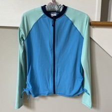 Lands End Girls Long Sleeve Front Zip Rash Guard 14 16 Blue Green NEW