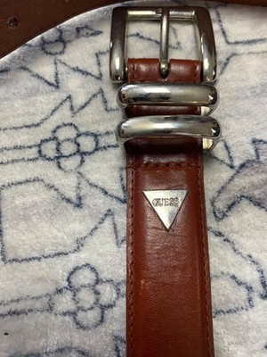 Vintage Guess Brown Genuine Leather Belt With Silver Buckle Mens Size 36