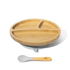 Avanchy Toddler Divided Plate  Spoon  Bamboo  Silicone 12.8oz - GRAY
