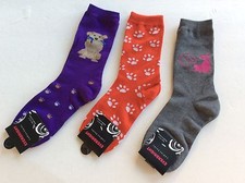 3 PAIRS LADIES NOVELTY DOG/CAT/PAW PRINT SOCKS  RED/GRAY/PURPLE  NWL