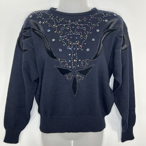 Vintage Cos Cob Sweater Women's M Blue Black Preppy Grandma Embellished Knit 80s - Picture 1 of 9