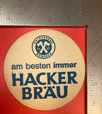 am besten immer Hacker brau.. 4.2 INCH ROUND BEER COASTER RARE VINTAGE