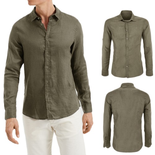Camicia Uomo Di Lino Casual Slim Fit Manica Lunga Bianca Celeste Blu Verde Veque - Imagen 41 de 52