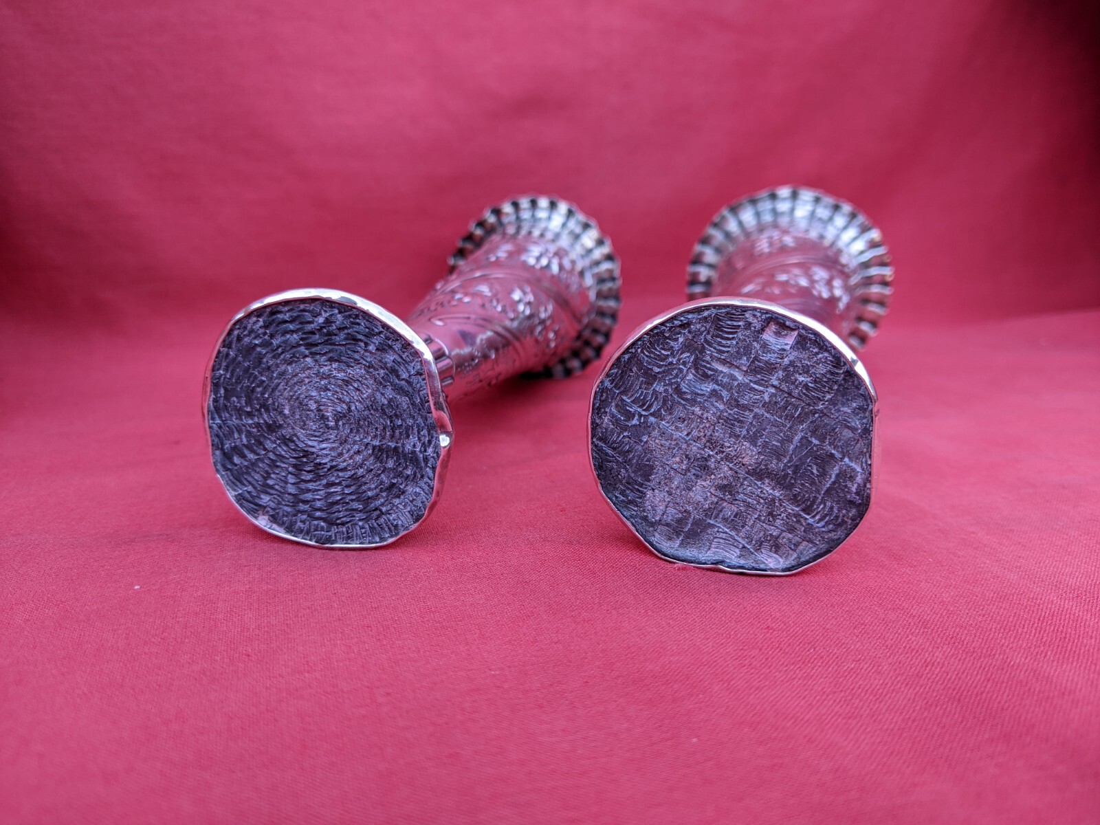 PRETTY PAIR ANTIQUE VICTORIAN STERLING SILVER POSY VASES, 1892 HALLMARK