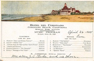 Hotel Del Coronado Lunch / Dinner Music Program Coronado Beach,CA 1908