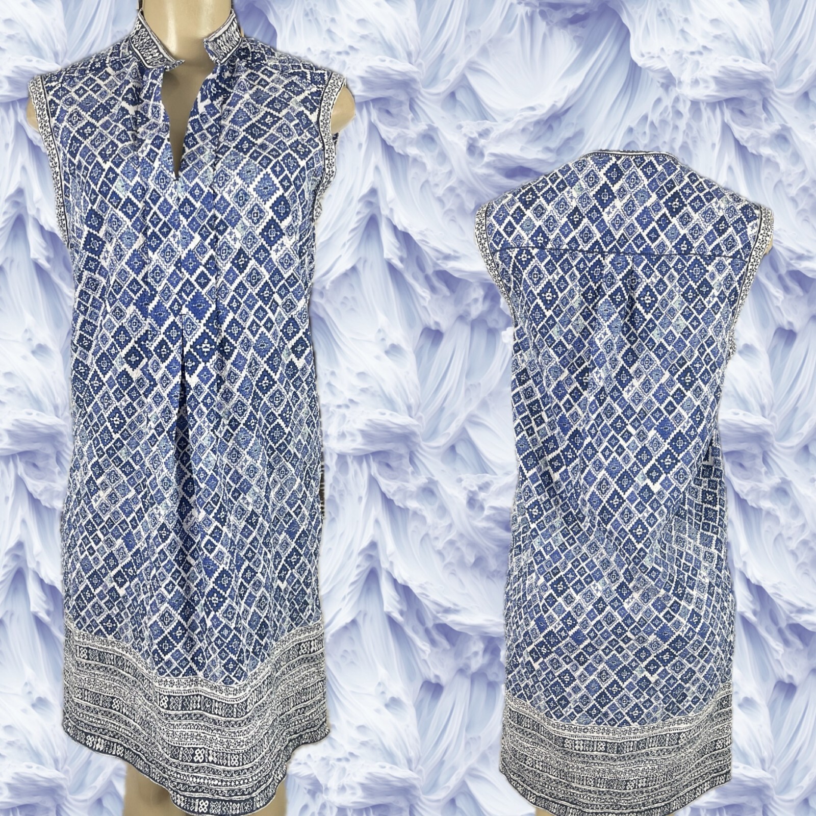 Studio M S Blue Geometric Print Split Neckline Ma… - image 1