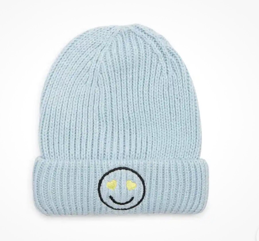 NWT NORDSTROM Knit Beanie Hat Blue Embroidered Smiley Face  display picture 3