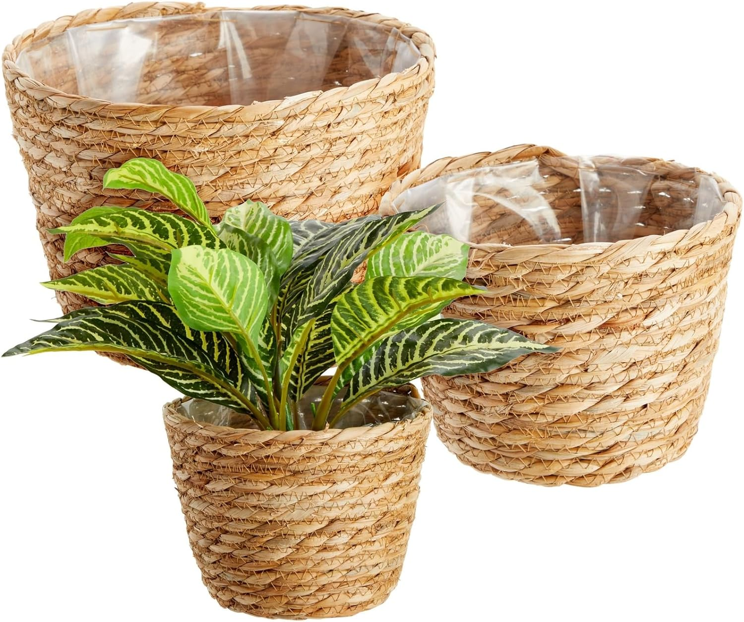 Seagrass Indoor Planter Set with Plastic Lining, 3 Small Woven Wicker Baskets fo