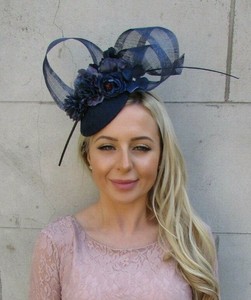 Navy Blue Rose Flower Feather Floral Hat Hair Fascinator Races