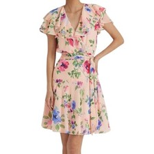 Lauren Ralph Lauren Floral Belted Crinkle Georgette Dress in Pink, Size 14