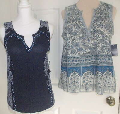 NWT Lucky Brand Multi-Blue Floral Paisley Boho V Neck Tank Tops RUNS BIG XS & S