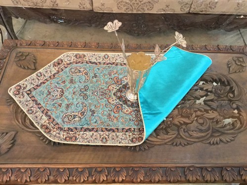 3 Piece Blue Termeh Tapestry Runner Woven Fine Art Silk Paisley Design Wall Hang - Picture 3 of 5
