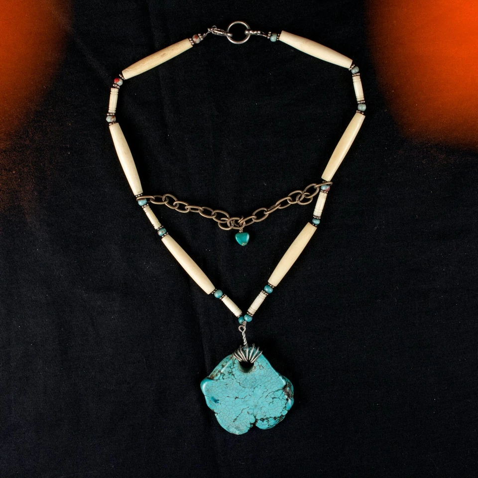 Native American Turquoise Beads Double Drop Vintage Women Navajo Bib Necklace - Image 4 of 4