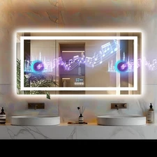 Large Smart Bluetooth LED Bathroom Mirror Backlit Lights Anti-fog Dimmable IP56