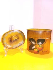 VTG Toleware Tin Canister. Hand Painted Strawberries By Ray L. Scott. 5.5" Tall,