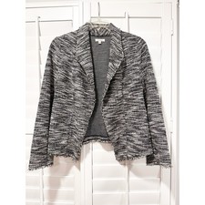 MAX STUDIO Tweed Open Front Blazer Fringe Trim Size Large Black White