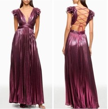 IEENA FOR MAC DUGGAL Pink Ruffle Sleeve Cutout Pleated Metallic Gown