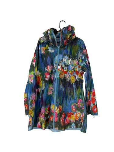 Ubu Womens Reversible Raincoat Jacket 1X Blue Floral Abstract tulips Hooded NWT