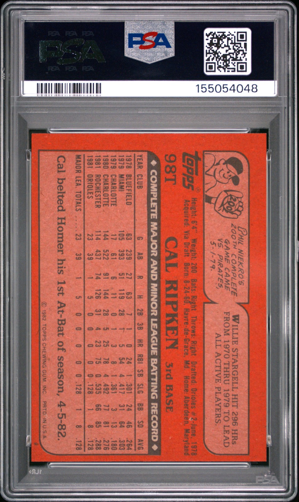 1982 TOPPS TRADED #98T CAL RIPKEN JR. ROOKIE RC PSA 6 view 2