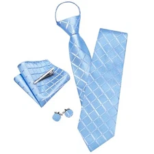  Striped/Plaid Men Clip on Tie with Tie Clip Zipper Extra Long Pre Light Blue