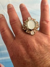 Large Size 10 to 10 1/2 Women's Cocktail Ring  Rhinestones, White & Pink , Stone