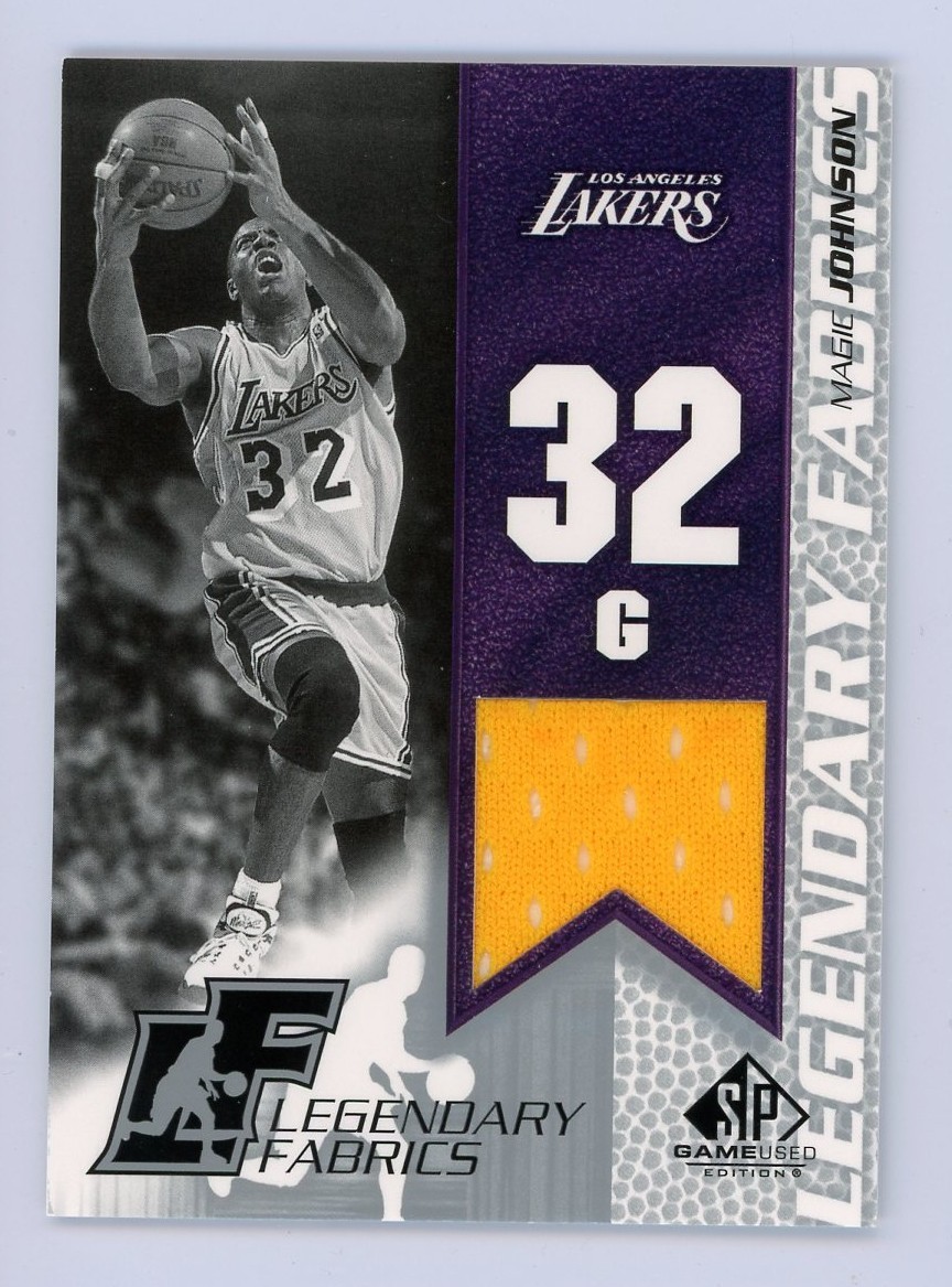 2003-04 MAGIC JOHNSON SP GAME USED LEGENDARY FABRICS JERSEY CARD #EJ-L