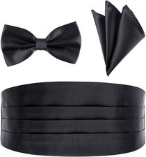 Men's Satin Cummerbund Pretied Bow Tie Breast Pocket Handkerchief Set for Spe...