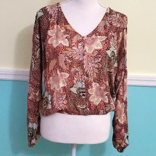 Angie Boho Floral & Cheetah Print Semi Balloon Sleeves Blouson Top XS