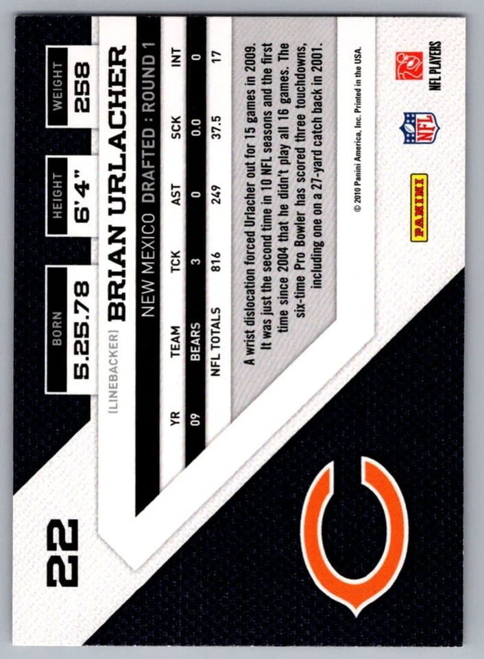 2010 Panini Threads Brian Urlacher Chicago Bears #22 - Image 2 of 2