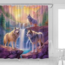 Wolf Shower Curtain Forest Mountain Sunset Waterfall Pine Tree Wild Animals F...