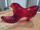 Vintage Fenton Art Glass Ruby Red Daisy Button Cat Head Slipper Shoe Boot