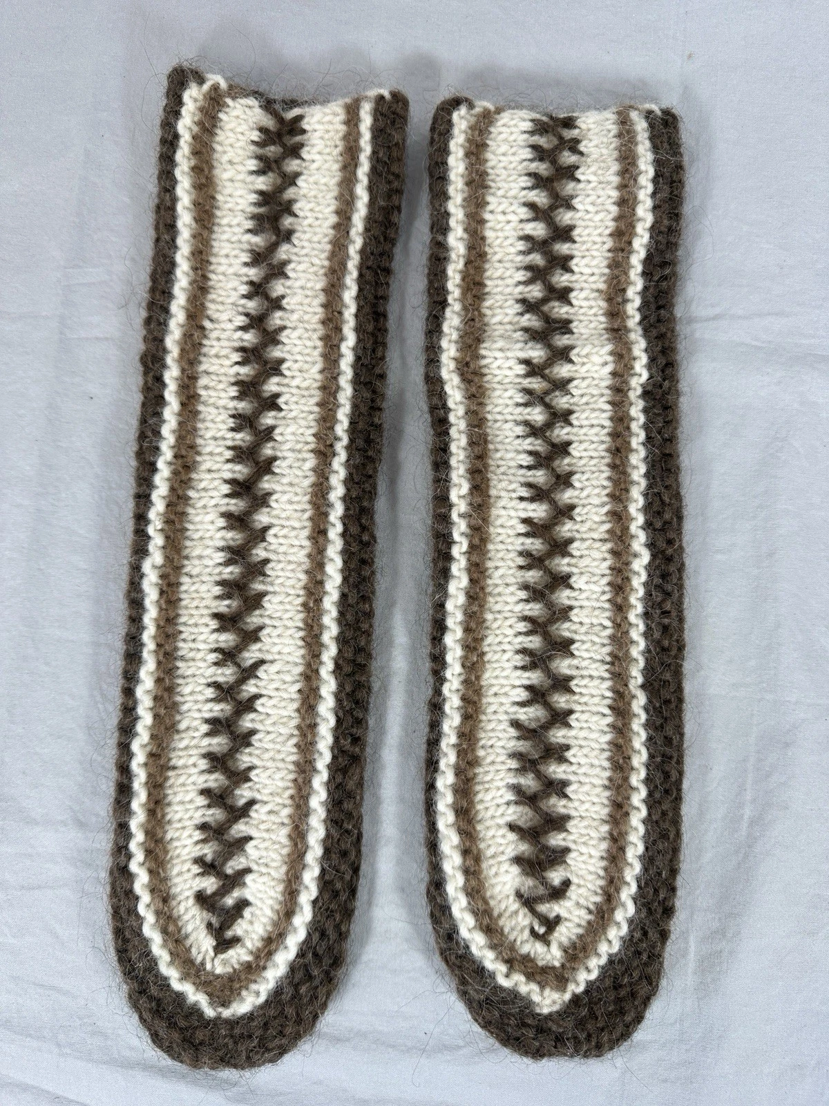Hand Knit Wool Slipper Socks Boot Liners Brown Cream Adult 15” Vintage