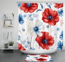 Botanical Red White and Blue Floral Shower Curtain Bathroom Accessories Set