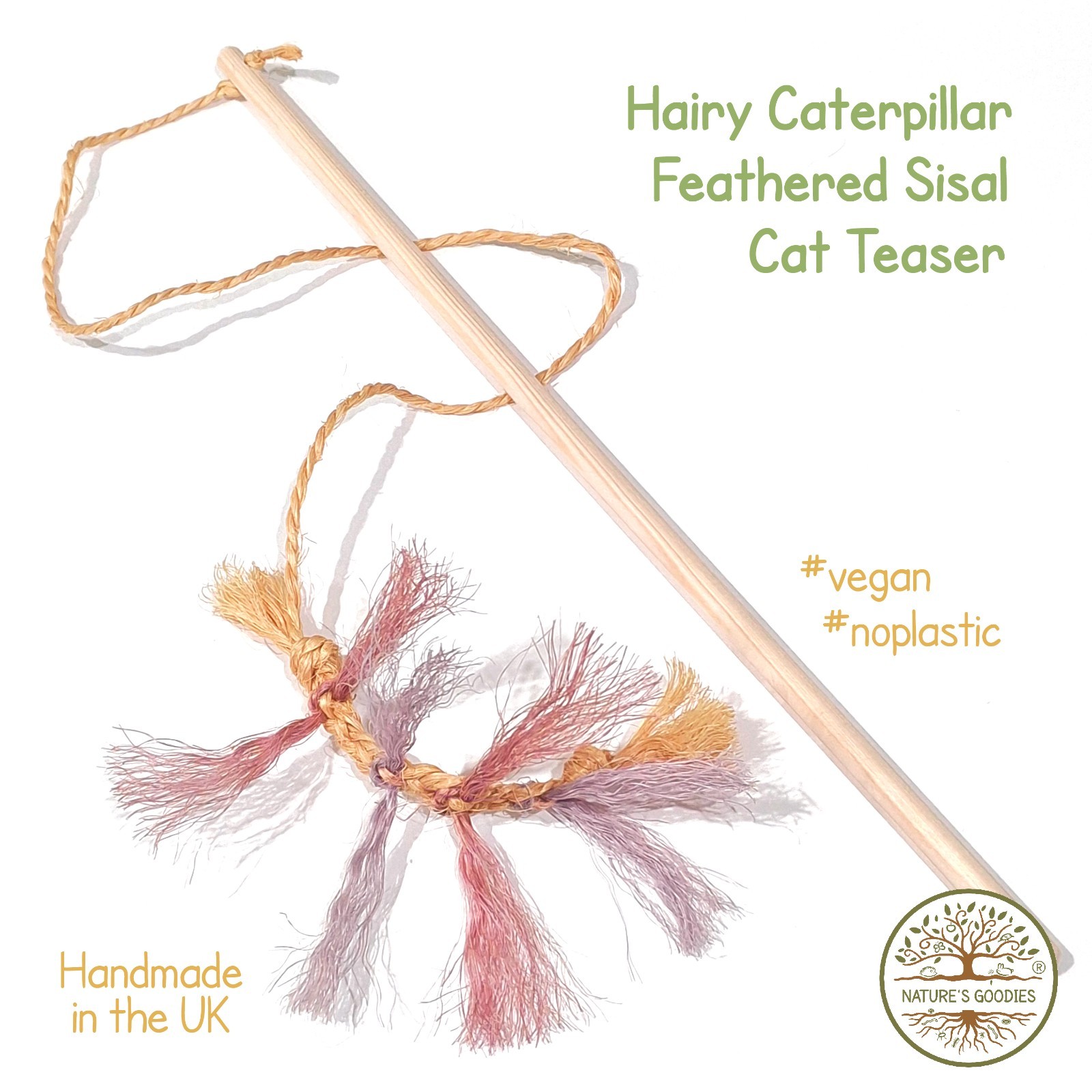 Hairy Caterpillar Feathered Sisal Cat Teaser Stick Wand Vegan Eco Fun Chaser Toy