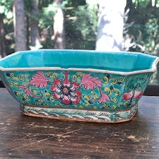 Antique 19th c. Rose Porcelain Turquoise Glaze Bowl 7x2.5" Rectangle READ