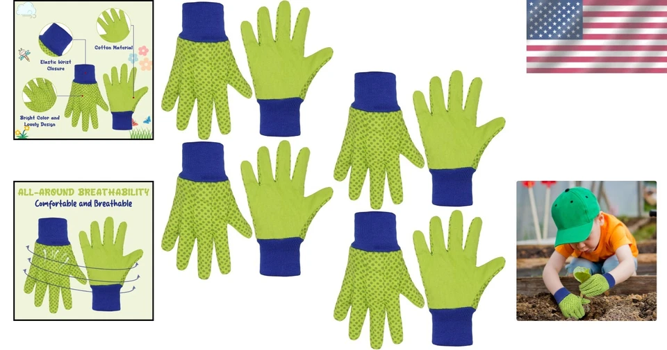 Breathable Cotton Gardening Gloves for Kids - 4 Pairs in Green Dot, Small Size - Image 2 of 4