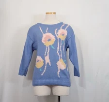 Vintage 80s Sweater Periwinkle Blue Floral Knit Hand Loomed Misses Size S