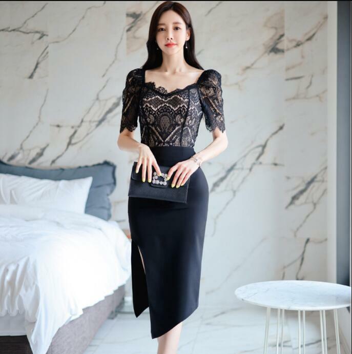 Para mujeres Coreana Moda 2 piezas Cuello Cuadrado Prenda para el torso de encaje + Paquete de cadera Vestido lápiz 5190