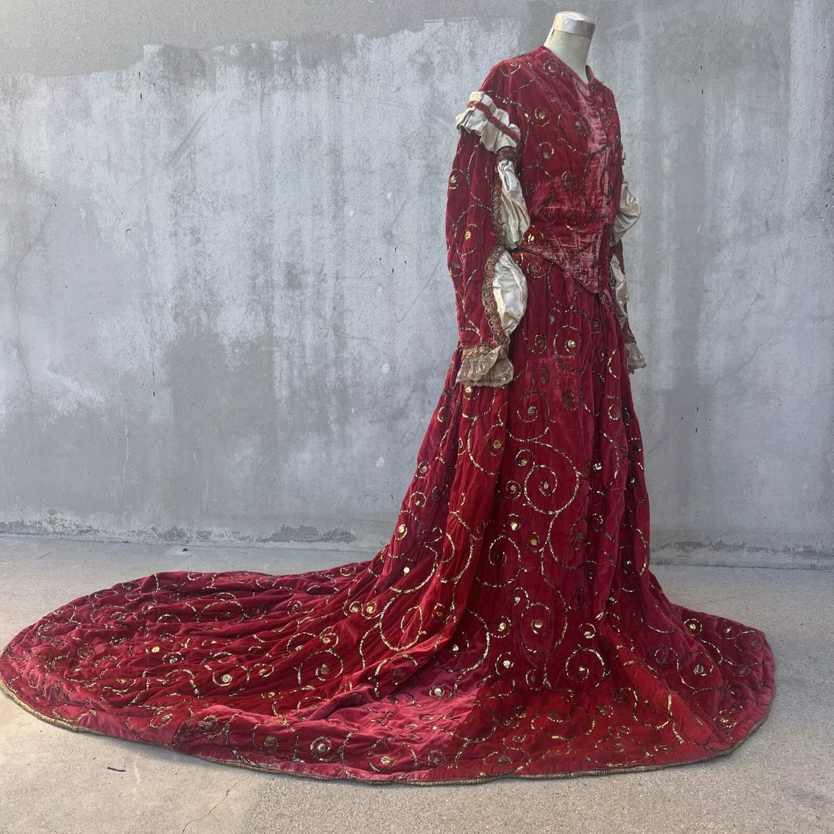 Antique 1860s Victorian Red Velvet Train Gown Gold Metal